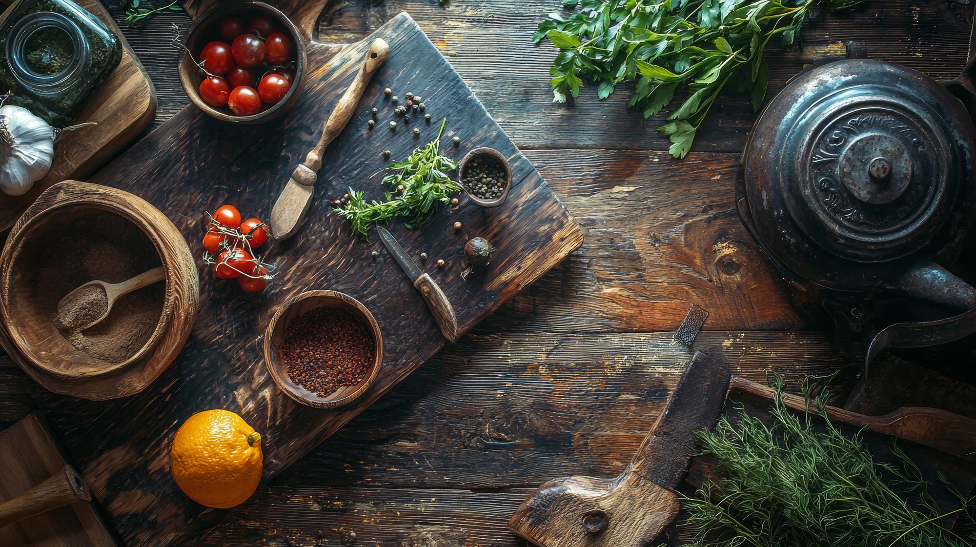 Rustic kitchen workspace with tools and ingredients